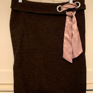 Nubby wool pencil skirt with silk tie